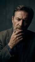 Mature Caucasian businessman in suit touching chin with thoughtful expression against dark background for corporate and professional concepts.