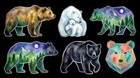 Grizzly bear, polar bear, and forest bear silhouettes with mountain and nature landscape double exposure artwork isolated on transparent background, ready for t-shirt design, clipart, stickers, and print-on-demand products.