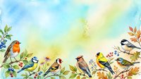 Watercolor birds perched on autumn branches with colorful leaves and berries against soft sky background for nature designs and seasonal decorations.