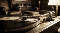 Vintage turntable with vinyl record playing in warm sepia-toned living room setting with leather furniture and ambient lighting for retro music themes.
