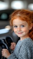 Young girl with ginger hair, blue eyes and freckles wearing grey sweater smiles while sitting in car, natural lighting creates soft bokeh background effect.