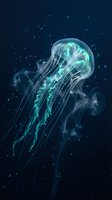 Translucent jellyfish with glowing green tentacles floating in deep blue ocean water with sparkling particles and ethereal lighting effects.
