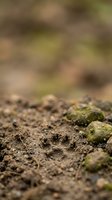 Close-up of rich brown soil with moss-covered stones and small sprouting seedlings emerging from earth in natural outdoor garden setting.