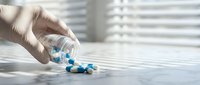 Gloved hand pouring blue and white capsule pills from transparent bottle onto white surface in medical laboratory or pharmaceutical setting.