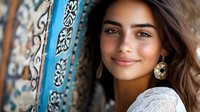 Young woman with radiant smile wearing white lace dress and gold earrings against ornate blue and white mosaic wall background, natural beauty portrait.