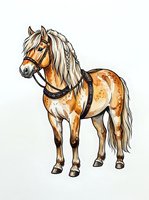 Brown and white pinto horse with flowing mane and tail, wearing black saddle and halter, isolated on white background for design use.