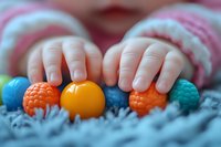 Small child's hands reaching for colorful sensory balls with textured surfaces on soft gray fabric. Close-up macro photography captures developmental play and fine motor skills.