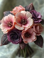 Bouquet of pink, coral, and burgundy flowers with dark textured foliage and golden stamens, arranged for wedding, floral design, and celebration projects.