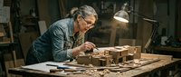 Senior male craftsman with gray hair and glasses working on wooden architectural model or miniature building structure at workbench under lamp in workshop studio.