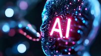 Glowing AI text on digital wireframe face silhouette with pink and blue bokeh lights creating futuristic technological atmosphere. Modern artificial intelligence concept.