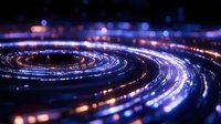 Glowing curved light trails create dynamic spiral pattern against dark background with blue and purple bokeh effects. Abstract technology concept for digital innovation.