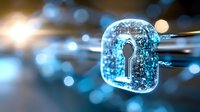 Glowing digital padlock with circuit pattern and keyhole on blurred blue background represents cybersecurity and data protection in modern technology.