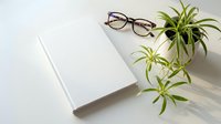 Minimalist workspace with blank notebook, eyeglasses and spider plant on white desk. Clean office setup for productivity, planning and creative work.