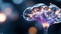Magical glowing jellyfish-shaped light formation with purple bioluminescent tentacles against dark bokeh background creates ethereal underwater atmosphere.