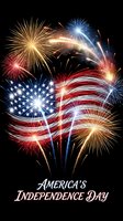 Spectacular fireworks display with American flag pattern celebrating Independence Day against black night sky with patriotic red white blue colors.