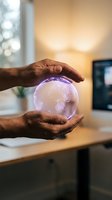 Male hands of African descent holding illuminated globe with purple glow in modern office workspace, symbolizing global technology, innovation, and digital connectivity for business solutions.