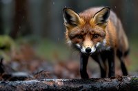 Red fox walking on fallen tree trunk in autumn forest during light rain, direct eye contact with camera shows curious expression and natural hunting behavior.