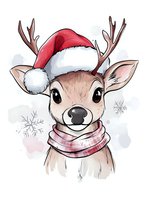Cute reindeer wearing Santa hat and striped scarf with snowflakes in background, watercolor style artwork on white background for holiday season designs.
