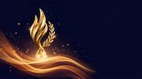 Golden trophy with flame and wheat design floating above flowing energy waves against dark blue starry background for awards ceremonies.