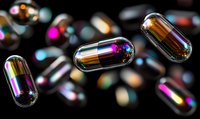 Iridescent transparent capsule pills with holographic rainbow effect floating on dark background, macro pharmaceutical photography for medical design.