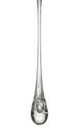 Single water droplet suspended on white background, isolated and ready for design use on websites, packaging, and marketing materials.
