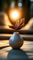 Minimalist ceramic vase with dried autumn leaves against sunset light creating warm atmosphere and long shadows on table surface. Artistic still life composition.