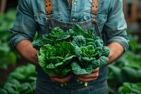 Farmer in denim overalls holding fresh organic green cabbage leaves in garden setting, showcasing sustainable agriculture and farm-to-table produce.