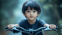 Young Asian child riding bicycle outdoors with natural bokeh background, wearing navy blue shirt, close up portrait showing joyful expression.