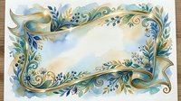 Watercolor floral frame with gold ribbon, blue flowers and green leaves on soft pastel background, elegant border with copy space.
