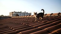 Tabby cat walking on red clay tile roof during golden hour with Mediterranean architecture in background for pet and lifestyle content.