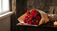 Red roses bouquet wrapped in brown kraft paper on wooden table near window in rustic interior for romantic gift occasions and Valentine's Day celebrations.