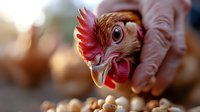 Close up portrait of brown chicken with bright red comb and wattles looking at eggs, selective focus on eye and beak, farm animal photography with blurred background.
