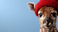 Young brown giraffe calf wearing red knit beanie against blue background. Close up portrait showing gentle expression and long eyelashes. Whimsical animal fashion concept.
