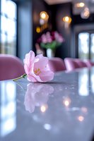 Single pink flower lying on reflective surface with soft bokeh lights and pink chairs in background, creating romantic restaurant atmosphere.