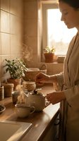 Woman pouring tea from ceramic teapot in sunlit kitchen with potted plants on windowsill, warm morning light streaming through window, domestic lifestyle scene.