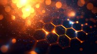Glowing molecular structure with orange bokeh lights on dark background, scientific concept showing chemical bonds and atomic connections in futuristic style.