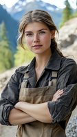 Young Caucasian woman in workwear and brown apron standing with crossed arms against mountain landscape background. Natural daylight highlights casual confidence.