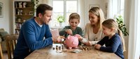 Happy Caucasian family with two children saving money together at home, teaching kids financial literacy and budgeting skills around kitchen table.
