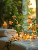 Serene spa setting with glowing candles, essential oil bottles, white towels and orange plumeria flowers creating peaceful ambiance for wellness and relaxation treatments.