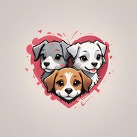 Adorable cartoon puppies framed in pink heart shape with splatter effect on light background, suitable for Valentine's cards and pet-themed designs.