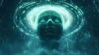 Futuristic digital consciousness concept with glowing teal halo effect against dark background, representing artificial intelligence and virtual reality technology.