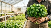 Farmer holding fresh basil bunch in greenhouse with seedlings growing in background, organic herb cultivation and sustainable agriculture concept for farming industry.