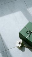 Green gift box with ribbon and white flower on marble floor with natural sunlight shadows creating elegant minimalist composition for special occasions.