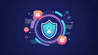 Cybersecurity shield with user protection icons and digital elements on dark blue background for technology and data security concepts.