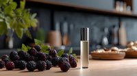 Fresh blackberries and essential oil bottle on wooden kitchen counter with blurred modern dark kitchen background. Perfect for natural skincare marketing.