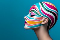 Female profile with vibrant striped face paint in turquoise, pink, orange and white colors against blue background, showcasing creative makeup artistry and modern beauty concept.