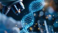 Glowing blue DNA helix structure with microscope and bokeh lights in dark laboratory background, representing genetic research and biotechnology advancement.