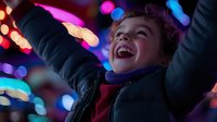 Joyful young boy with arms raised celebrating at night event with colorful bokeh lights in background, expressing pure happiness and excitement.