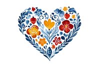 Watercolor heart shape filled with folk art floral pattern in navy blue and warm orange tones, featuring stylized flowers, leaves and botanical elements.