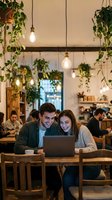 Young couple laughing while using laptop in cozy cafe with hanging plants and warm lighting. Modern coffee shop interior with wooden furniture and greenery.